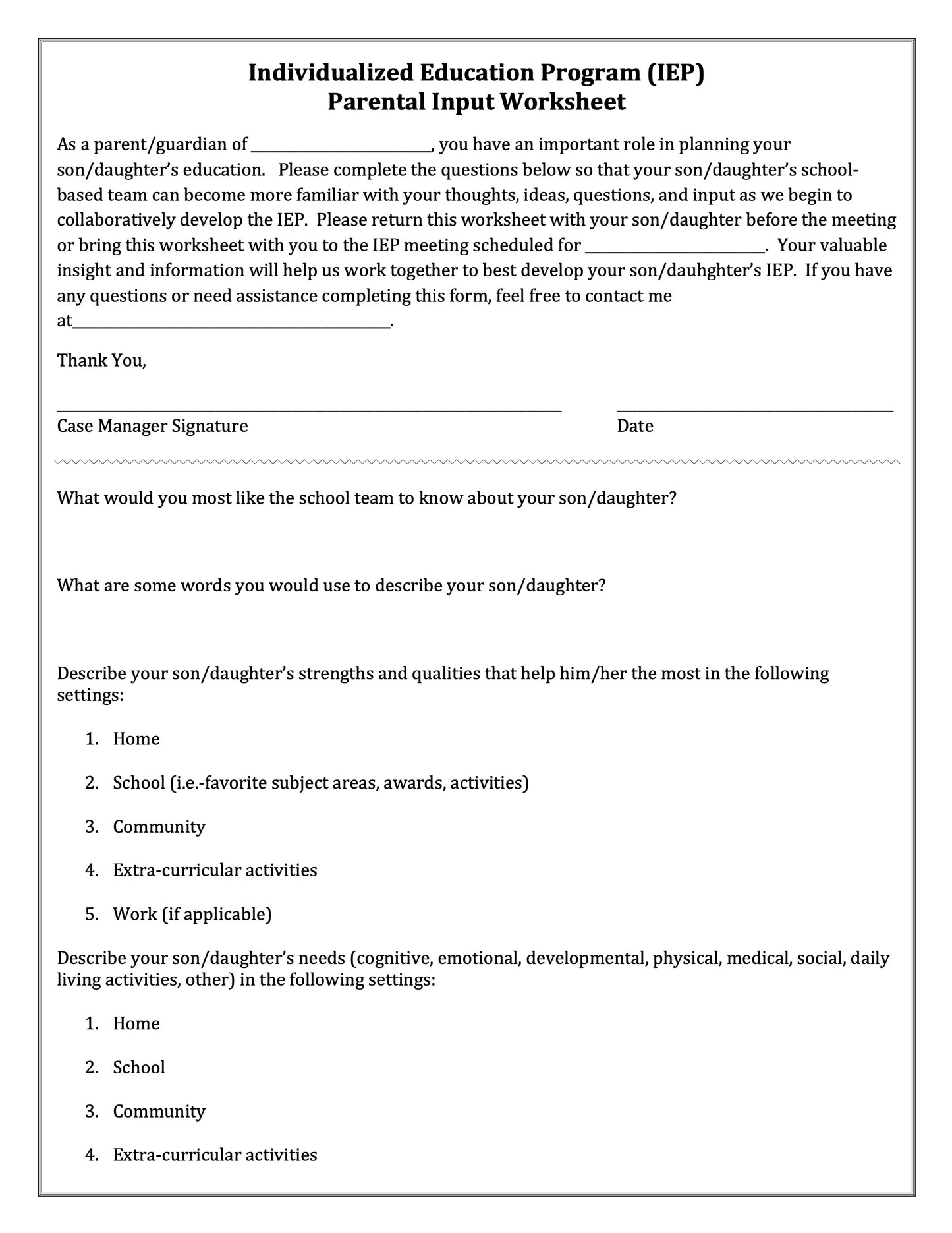 PreIEP Parent Input Form