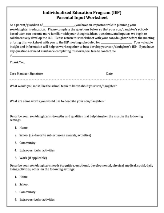 PreIEP Parent Input Form